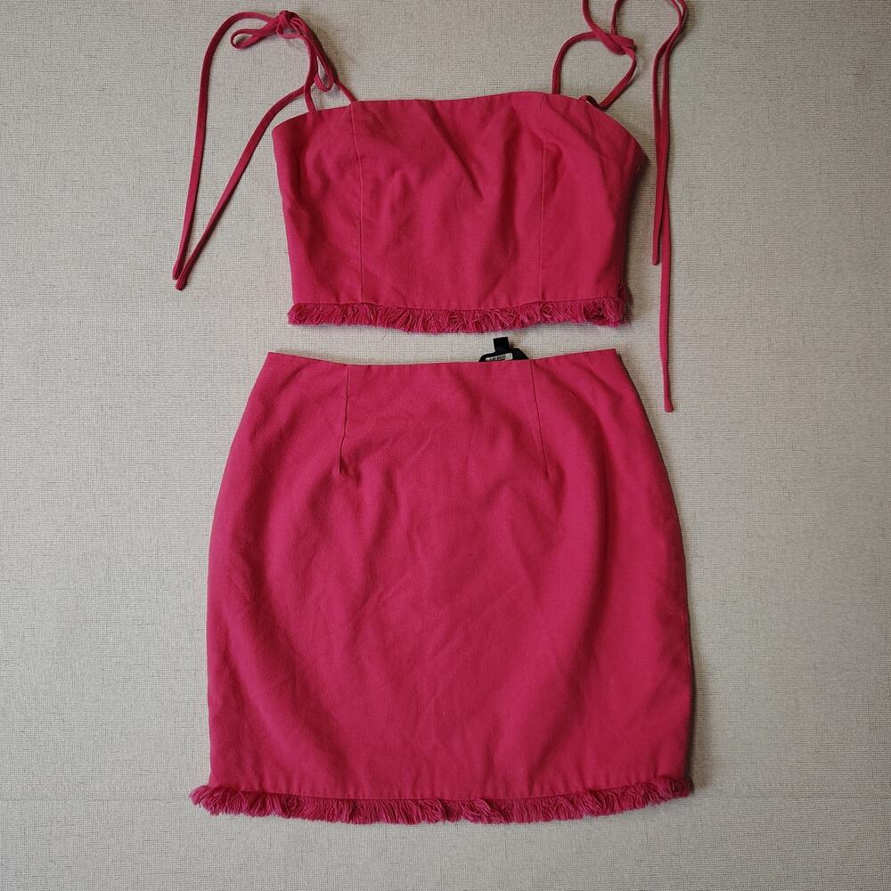 Blue Blush Pink Linen Blend 2 Piece Crop Top Mini Skirt Fringe Set Size Small